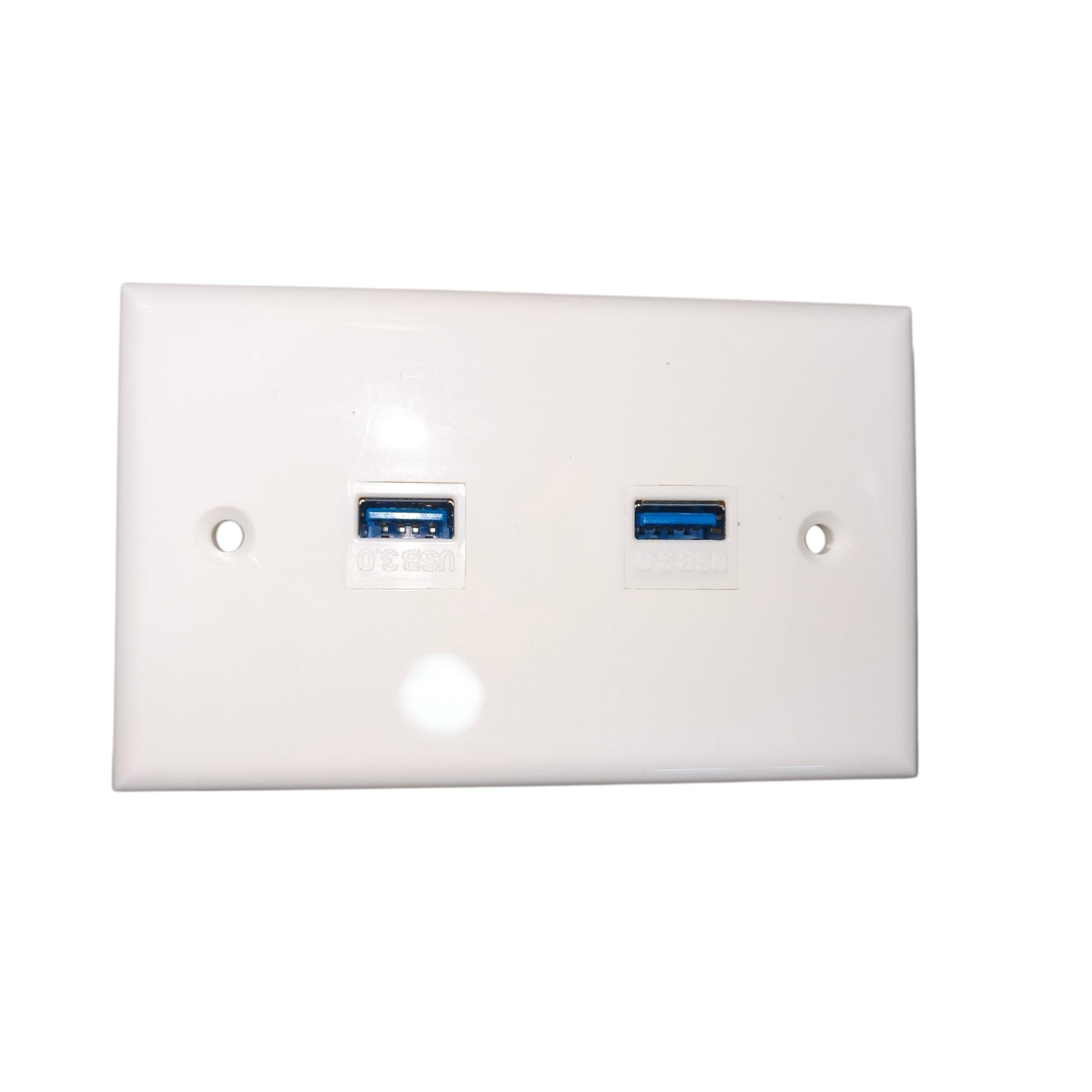 A white plastic dual USB-A wall outlet cover plate with two blue USB 3.0 ports visible through the front cutouts, shown on a plain white background.