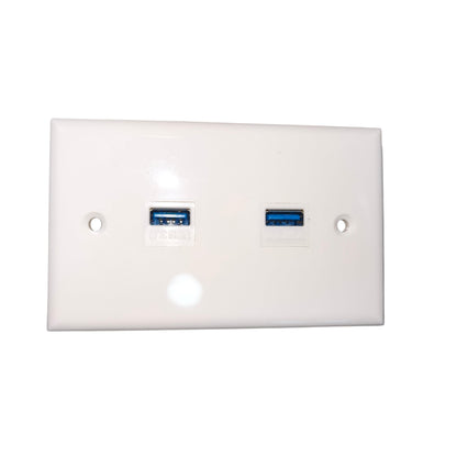 A white plastic dual USB-A wall outlet cover plate with two blue USB 3.0 ports visible through the front cutouts, shown on a plain white background.