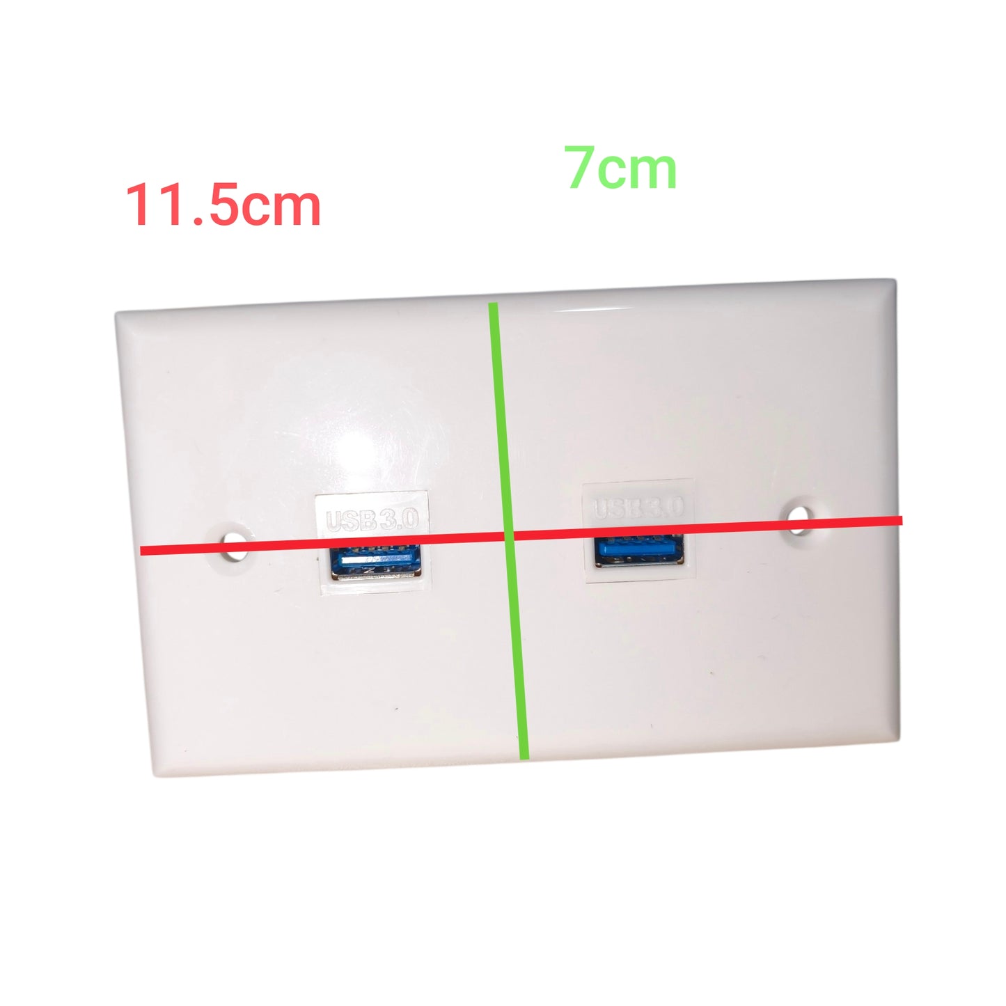 White USB wall outlet cover plate with two USB 3.0 ports, overlaid with red and green measurement lines and text indicating 11.