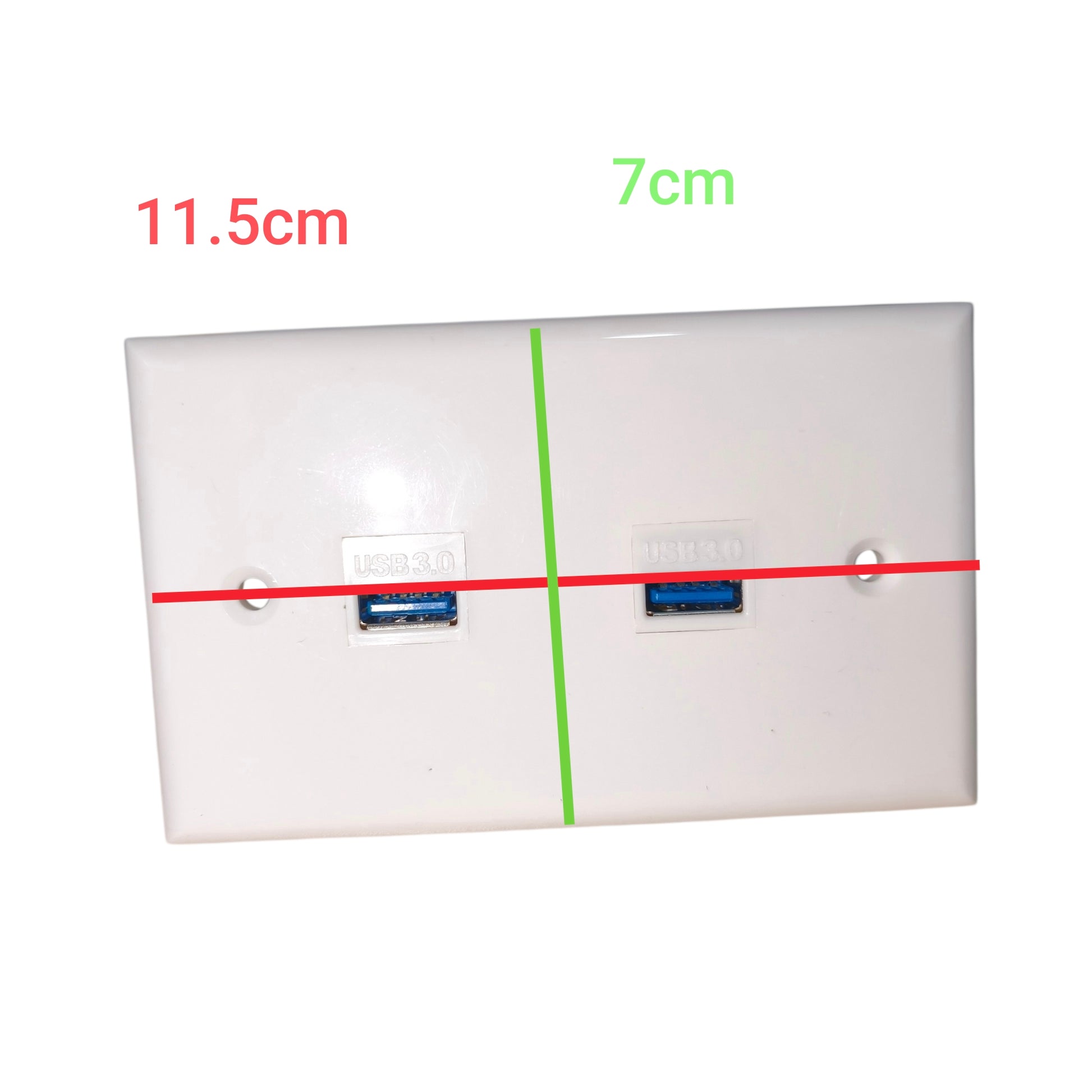 White USB wall outlet cover plate with two USB 3.0 ports, overlaid with red and green measurement lines and text indicating 11.