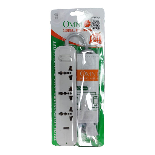 Omni 3 Gang Extension Cord With USB Outlet  Universal Outlet and USB with 1 Main Switch 2500W 2.1A USB 5V USB-301-PK