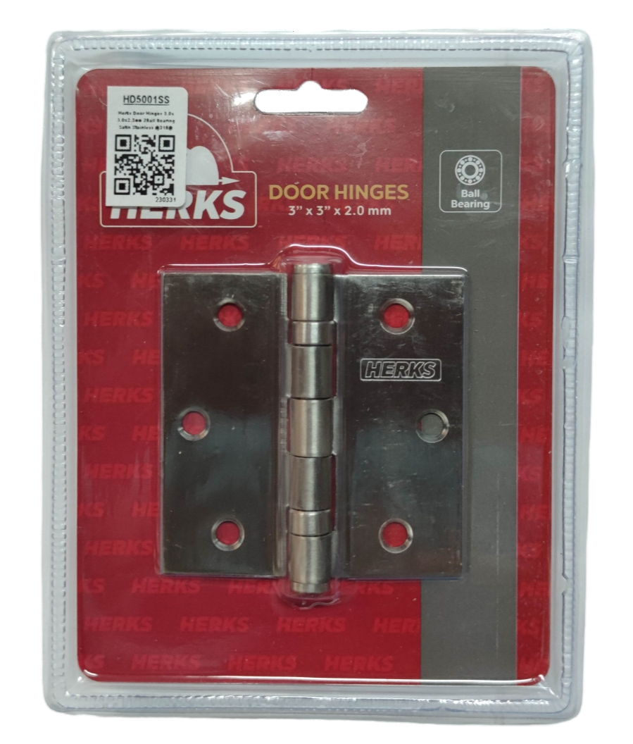 Door Hinges 3" x 3" x 2.0 mm Ball Bearing Stainless Metal Satin Stainless Finish HD5001SS ( Herks)