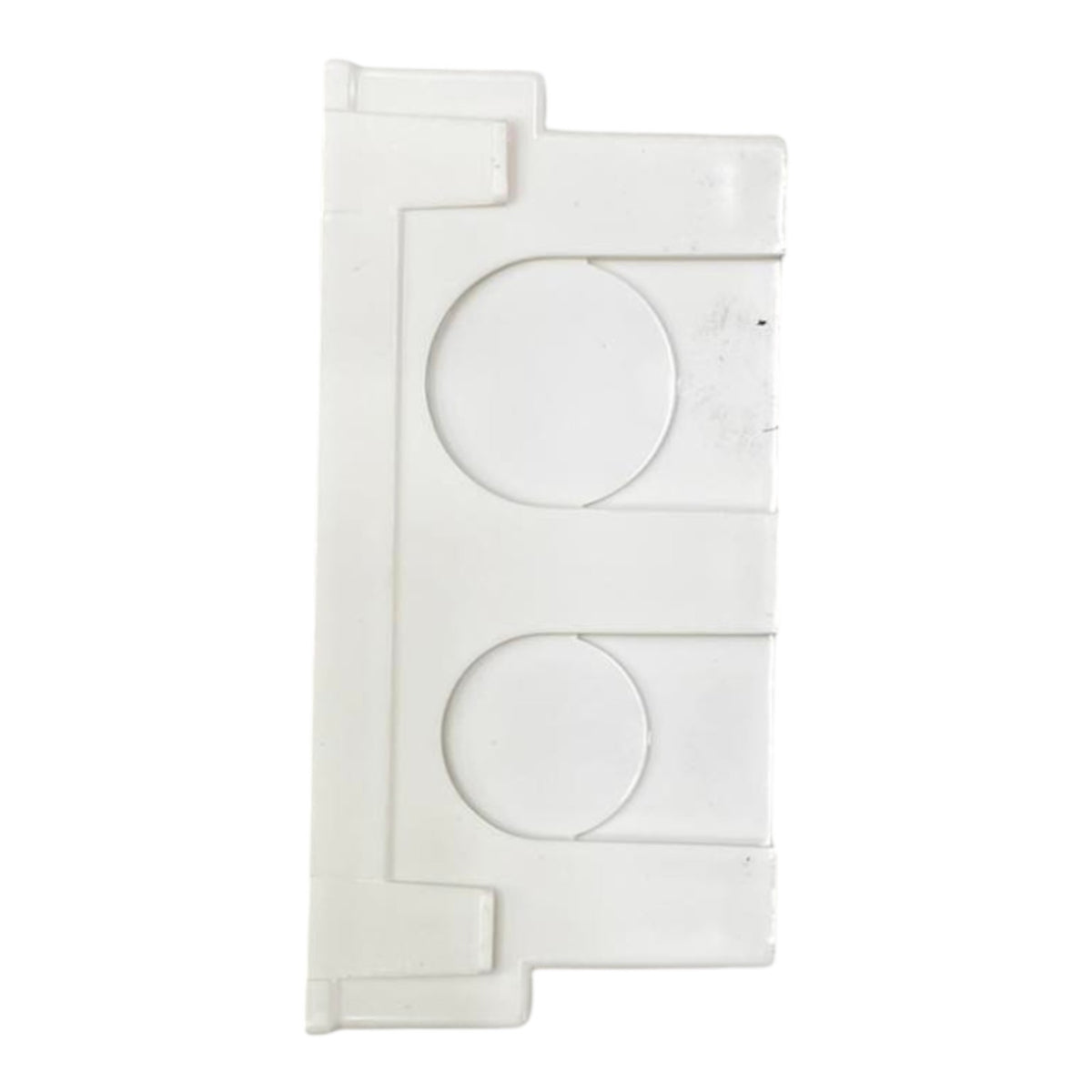 A white plastic replacement part with two circular cutouts, shown against a plain white background.