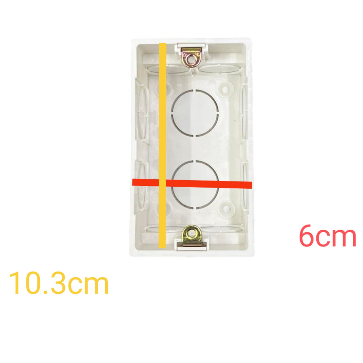 A clear plastic electrical junction box shown on a white background with dimension annotations: 10.3cm vertical height, 6cm width, and a yellow vertical measurement line plus a red horizontal measurement line overlaid on the product.