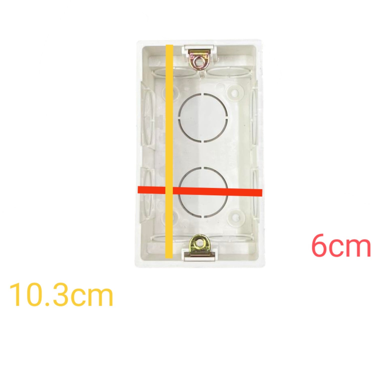 A clear plastic electrical junction box shown on a white background with dimension annotations: 10.3cm vertical height, 6cm width, and a yellow vertical measurement line plus a red horizontal measurement line overlaid on the product.
