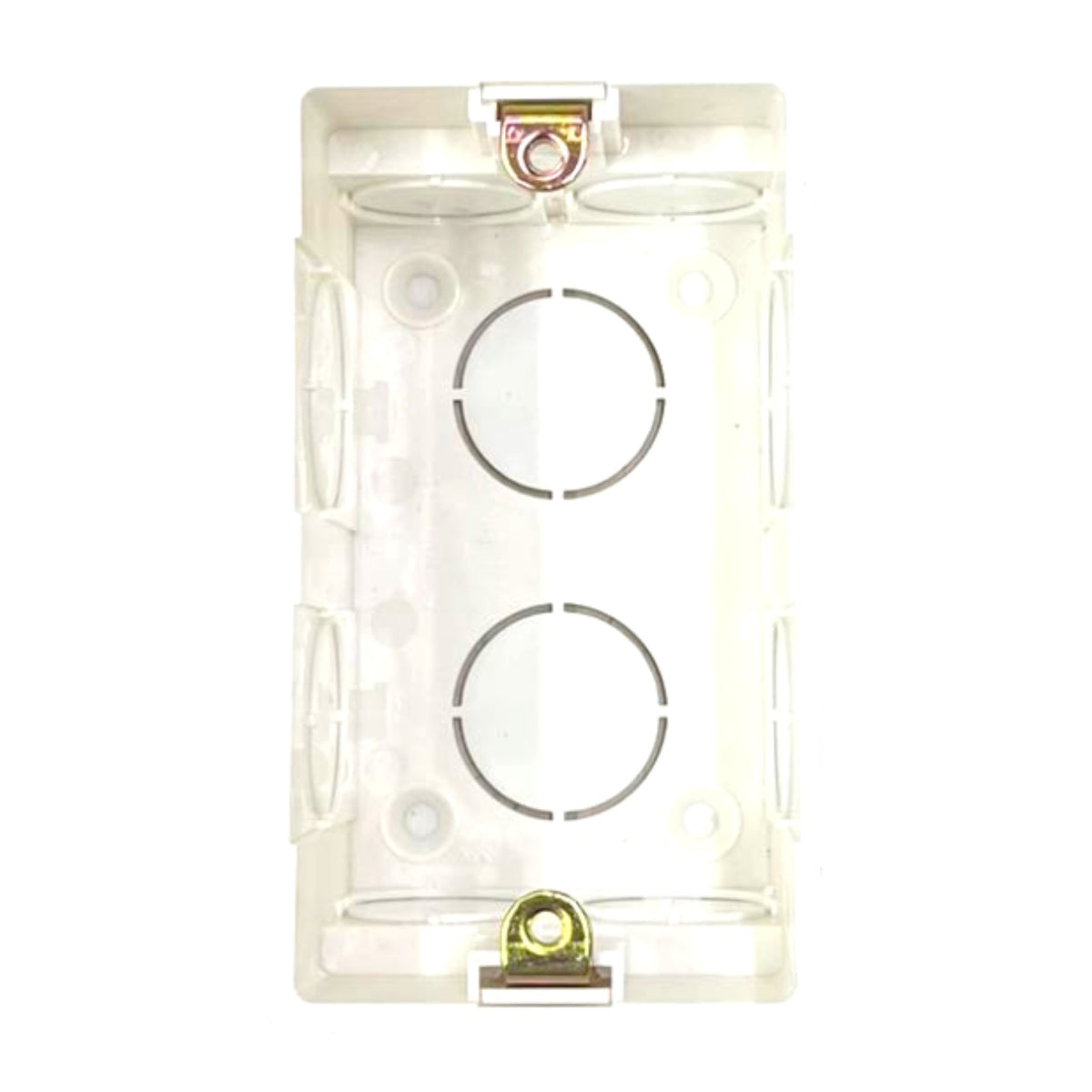 A clear plastic double-gang electrical outlet junction box cover with two circular screw terminals and gold-colored terminal clips, shown on a solid white background.