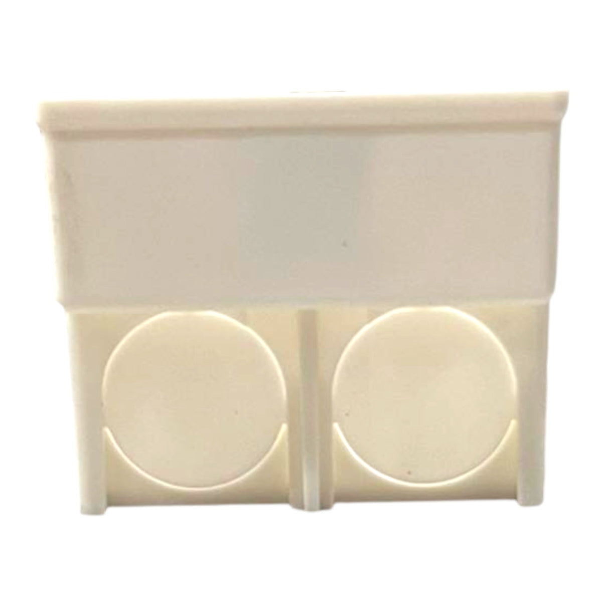 An off-white plastic double outlet cover plate or wall switch component with two circular cutouts, shown against a plain white background.