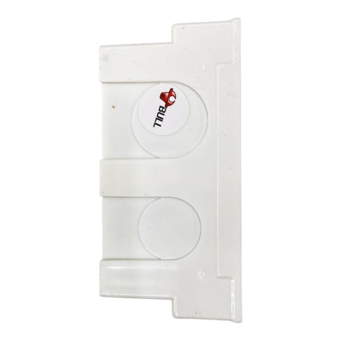 A white plastic replacement cover or guard for a circular dial, featuring a small red and black diall logo printed on one of the circular sections.