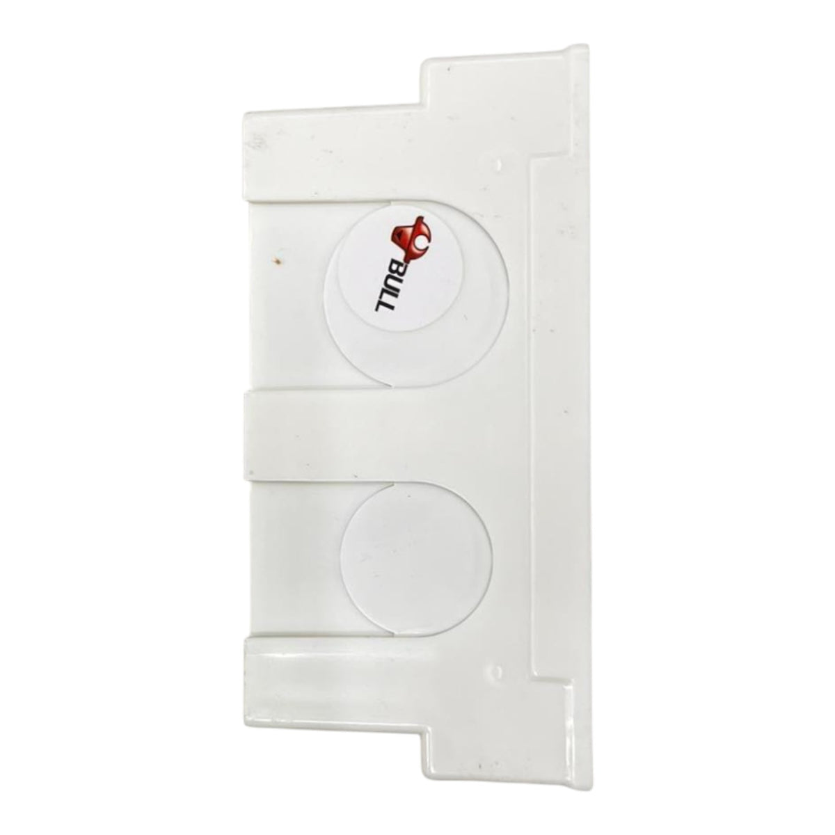 A white plastic replacement cover or guard for a circular dial, featuring a small red and black diall logo printed on one of the circular sections.