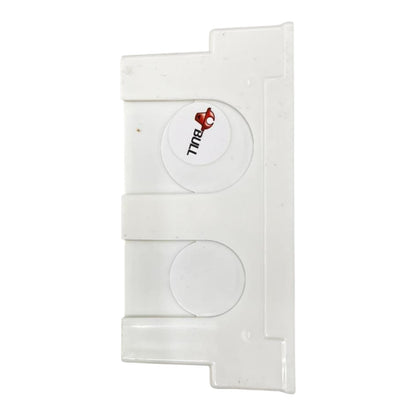 A white plastic replacement cover or guard for a circular dial, featuring a small red and black diall logo printed on one of the circular sections.