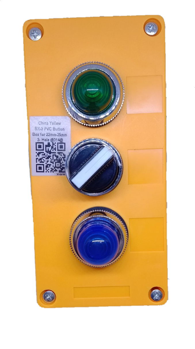 Auspicious 3 position selector switch with pilot lamp mounted on yellow panel with green and blue indicator lights