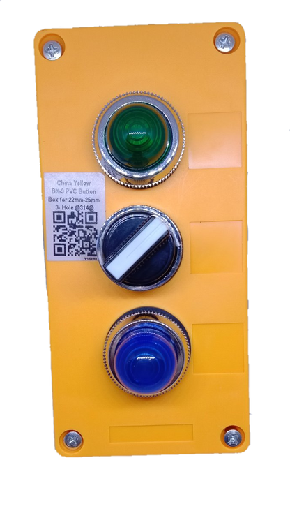 Auspicious 3 position selector switch with pilot lamp mounted on yellow panel with green and blue indicator lights