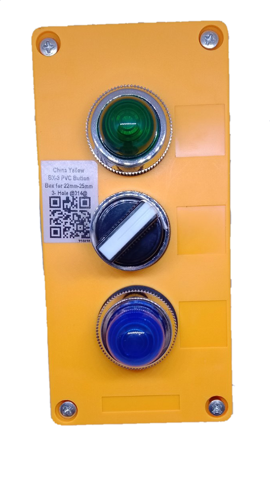 Auspicious 3 position selector switch with pilot lamp mounted on yellow panel with green and blue indicator lights