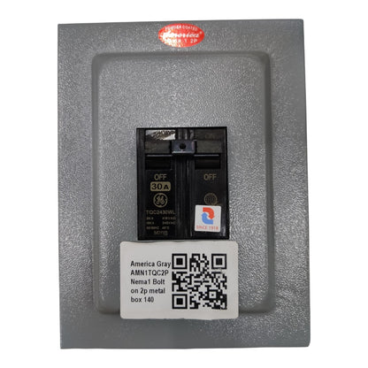 Gray electrical panel with a switch and QR code label on a white background 30A 2pole Bolt On circuit Breaker with Nema 1 Metal Enclosure available at Electx Electrical SUpply