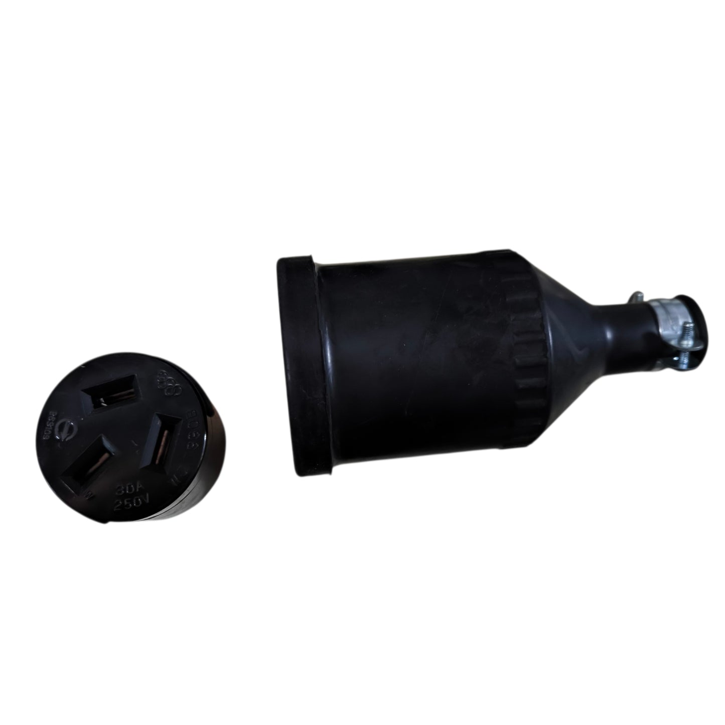 Black electrical plug and socket on a white background