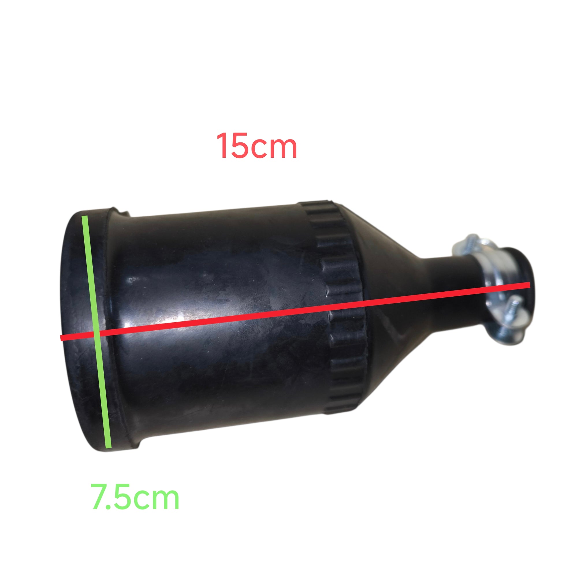 Black plastic component with measurements on a white background
