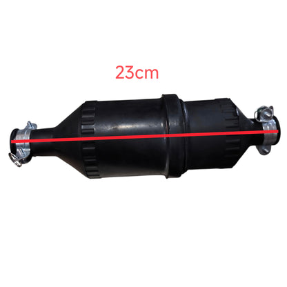 Black exhaust pipe with a red measurement line indicating 23cm on a white background