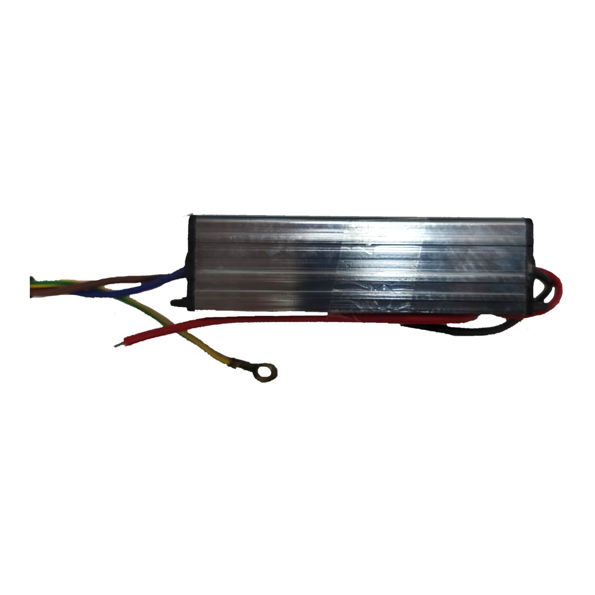 A rectangular metal electronic control box with multiple colored wires extending from the left and right sides, shown against a plain white background.