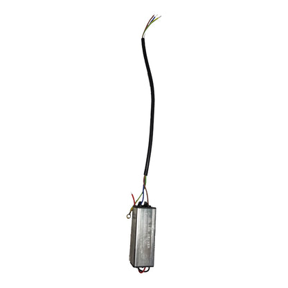 A silver metal electronic control module with a long black cable extending from the top and several colored wires at the bottom, shown against a plain white background.