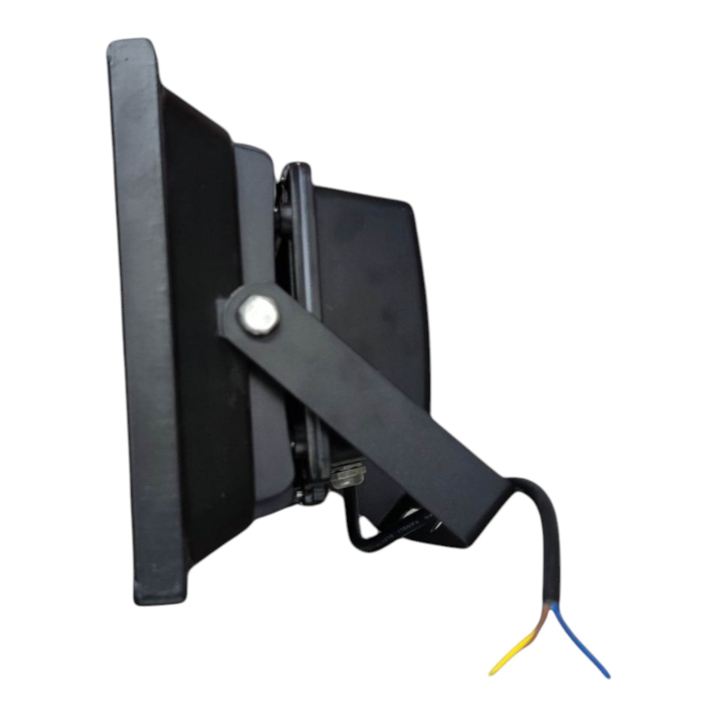 Black wall-mounted electronic device with wiring on a white background