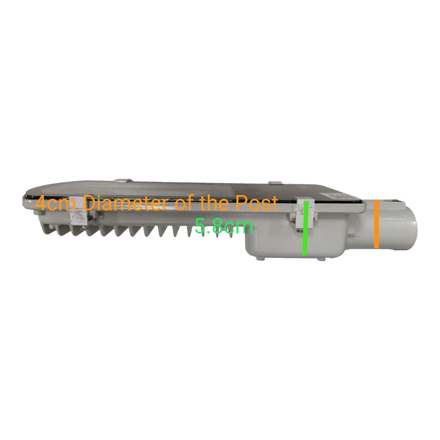 Metallic tool with a 4cm diameter post and measurements on a white background