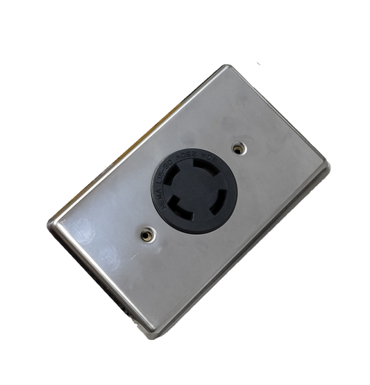 30A Twist Lock Outlet with Stainless Plate 4P by Electx Electrical Supply mounted on black background