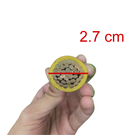 Close-up of 325mm THHN wire per meter held to show diameter and copper strands inside yellow insulation