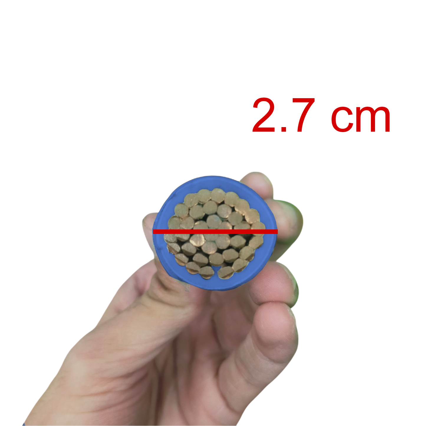 Cross-section of a cable held by a hand with a measurement of 2.7 cm.