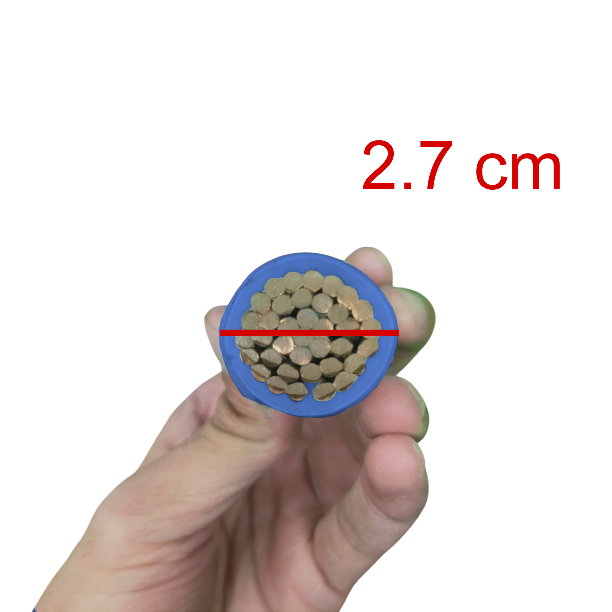 Cross-section of a cable held by a hand with a measurement of 2.7 cm.