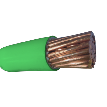 Close-up of Phelps Dodge THHN wire 325mm stranded with green insulation and copper strands
