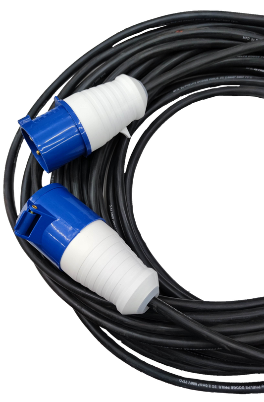 Grippes & Phleps Dodge 32A industrial plug and outlet connector with black cable on black background