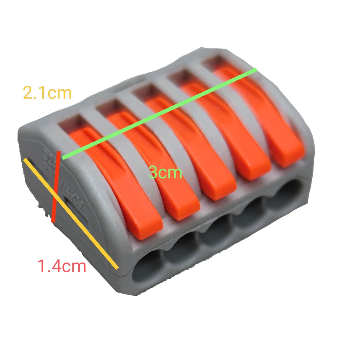 32A 250V electrical connector with five orange levers for easy wire connection and installation