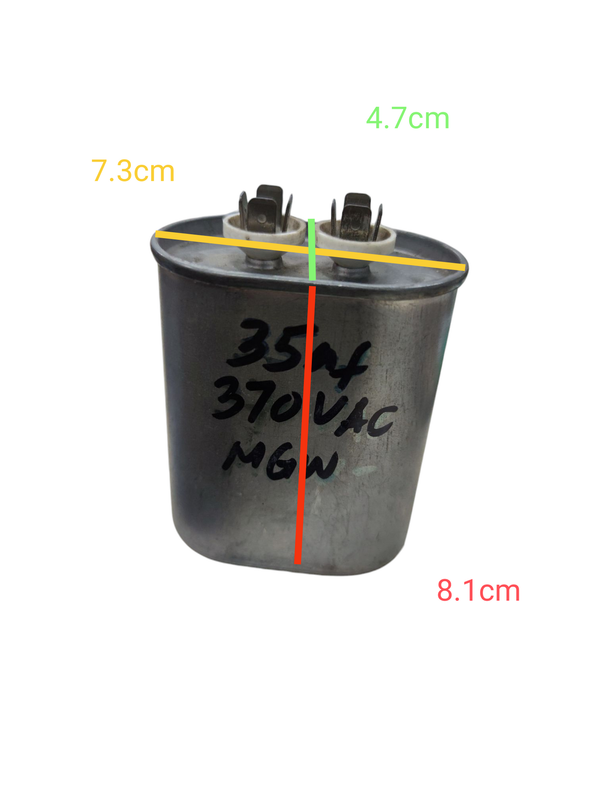 35uF 370V AC Running Capacitor - dimensions diagram with measurements marked, Electx Electrical Supply