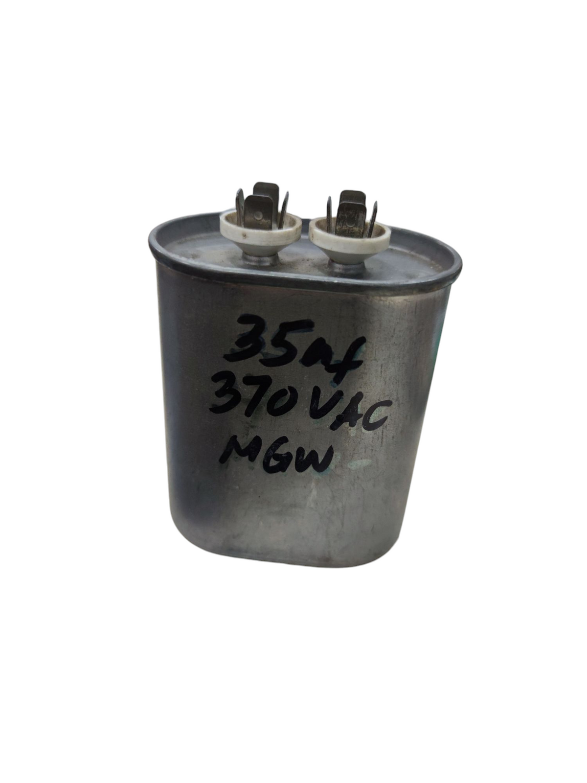 35uF 370V AC Running Capacitor - front view with handwritten label, Electx Electrical Supply
