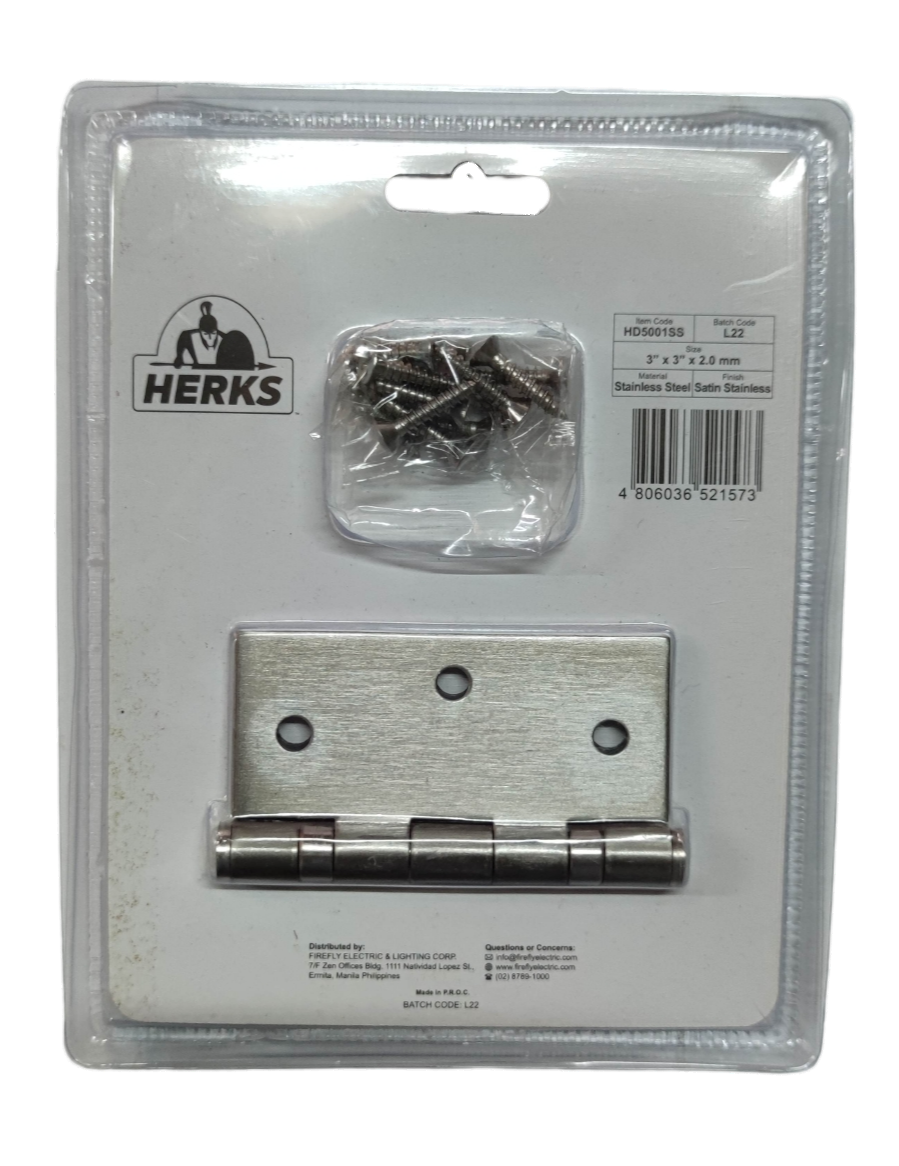 Door Hinges 3" x 3" x 2.0 mm Ball Bearing Stainless Metal Satin Stainless Finish HD5001SS ( Herks)