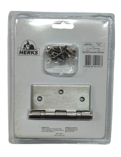 Door Hinges 3" x 3" x 2.0 mm Ball Bearing Stainless Metal Satin Stainless Finish HD5001SS ( Herks)