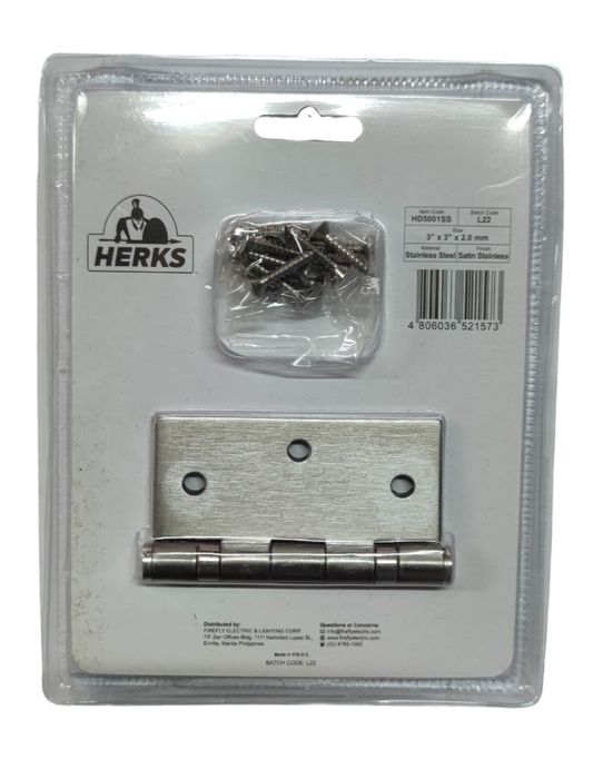 Door Hinges 3" x 3" x 2.0 mm Ball Bearing Stainless Metal Satin Stainless Finish HD5001SS ( Herks)