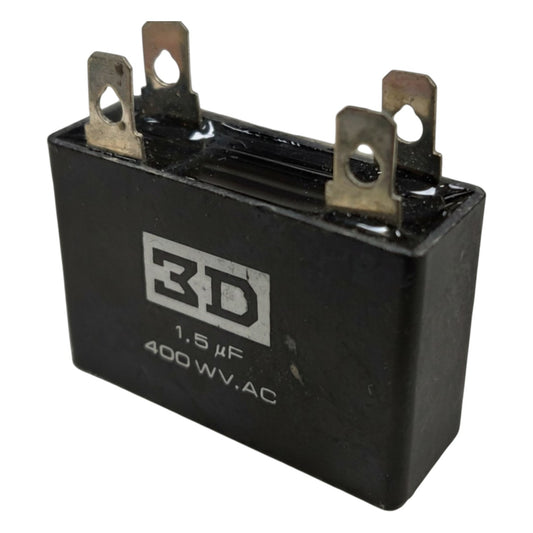Black capacitor with '3D' branding on a white background