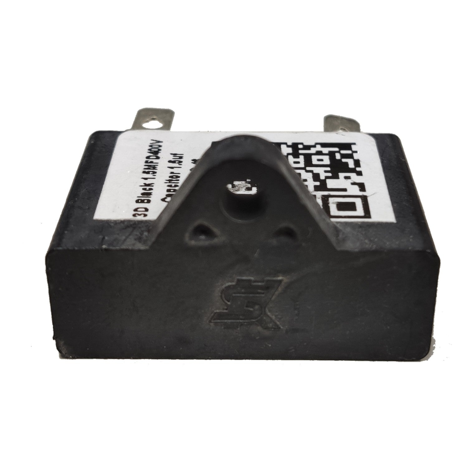 Black electronic component with a QR code label on a white background