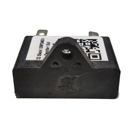 Black electronic component with a QR code label on a white background