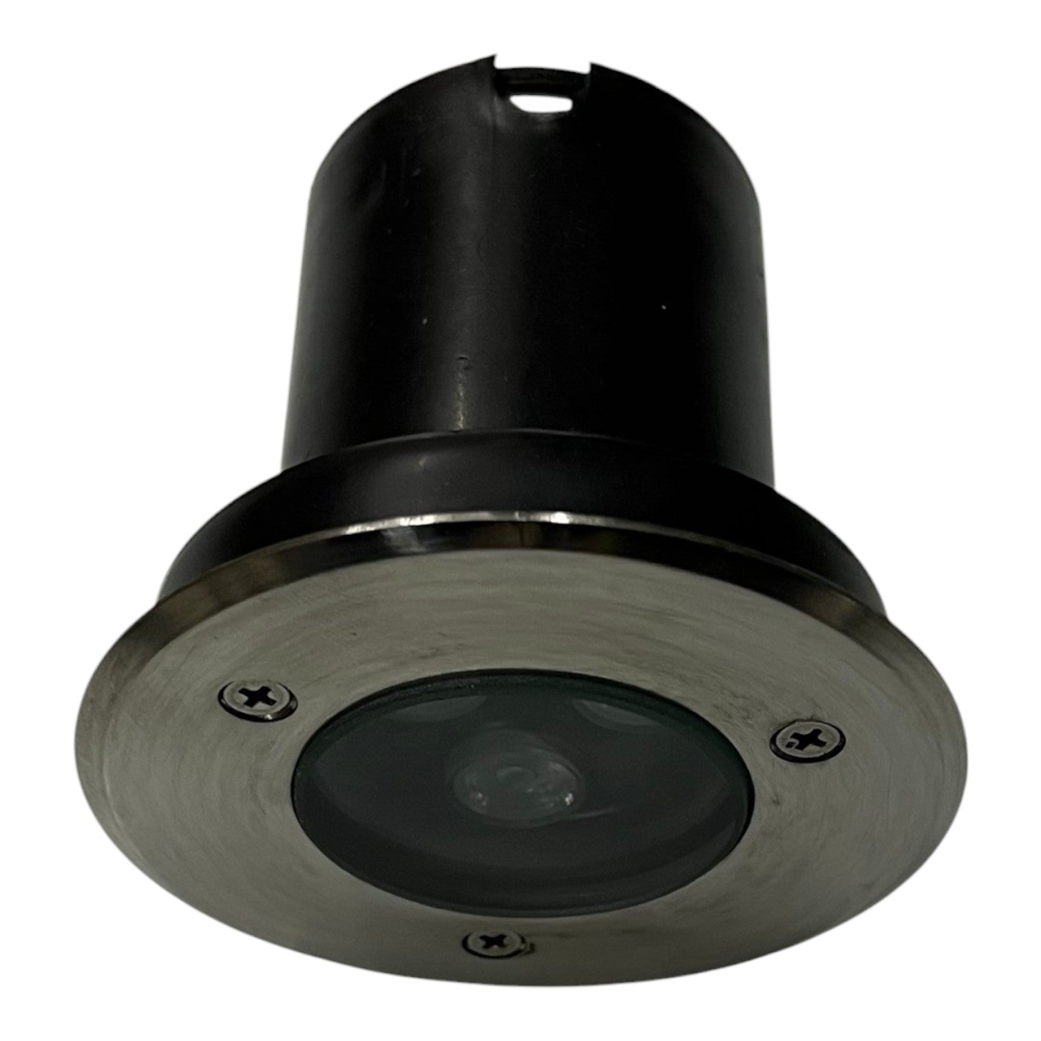 Black and silver outdoor light fixture on a white background