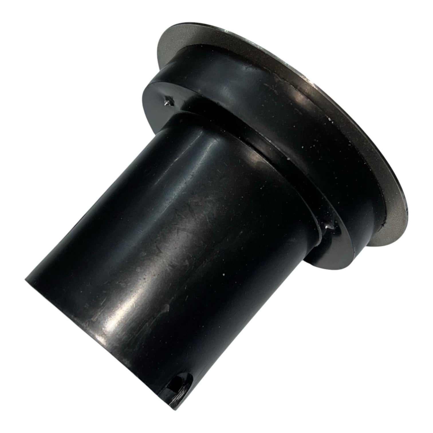 Black cylindrical metal component on a white background