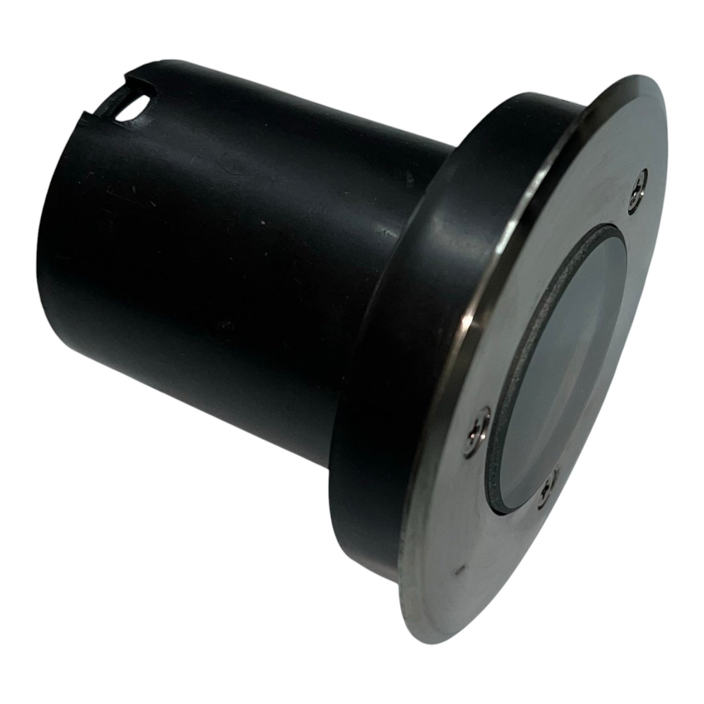 Black cylindrical object with a metallic flange on a white background