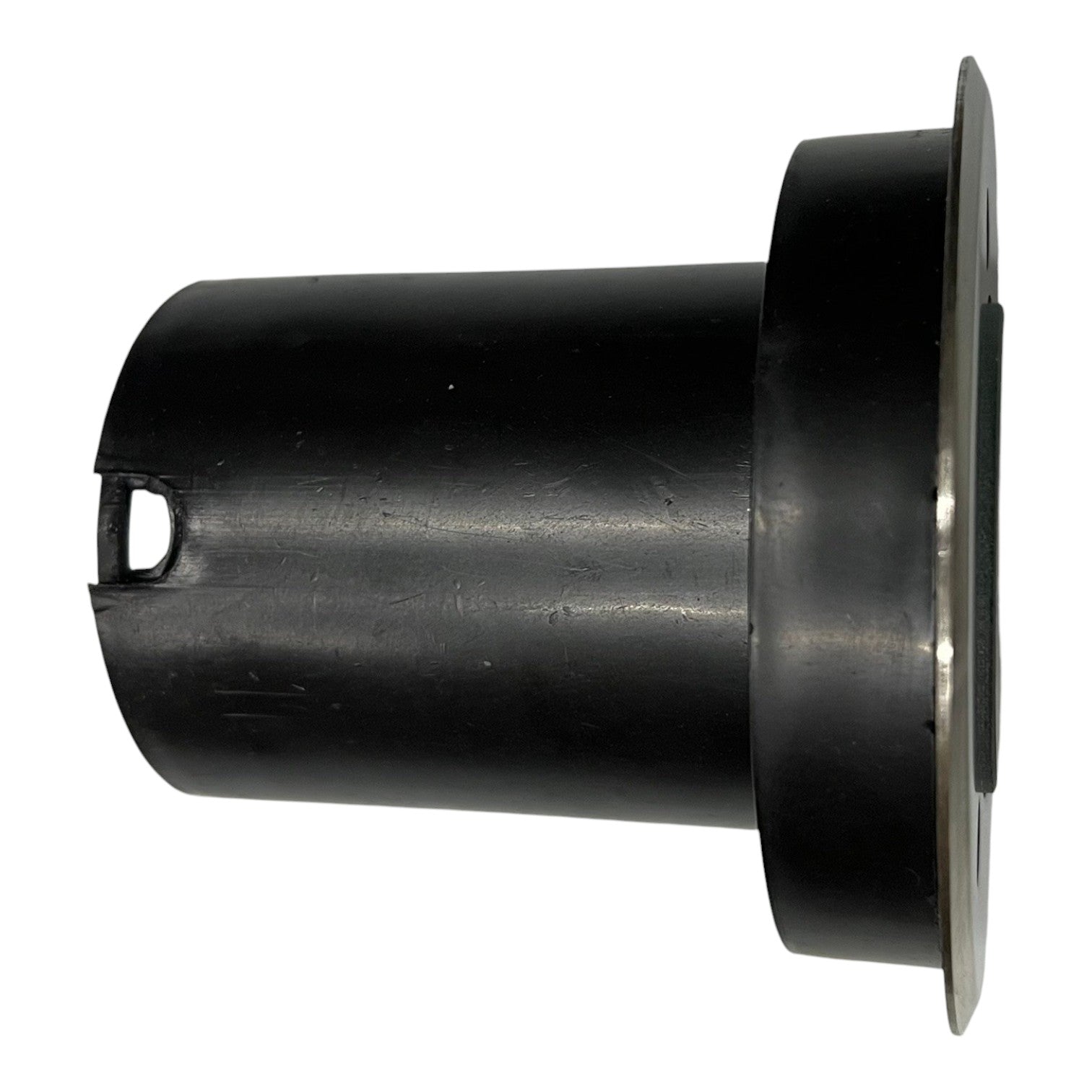 Black cylindrical metal component on a white background