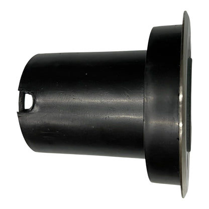 Black cylindrical metal component on a white background