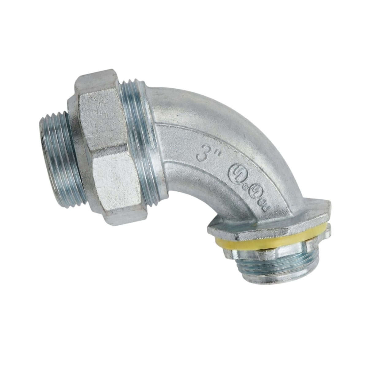 A galvanized steel 3-inch elbow pipe fitting with a hex nut on one threaded end and a yellow rubber gasket visible on the other, isolated on a white background.