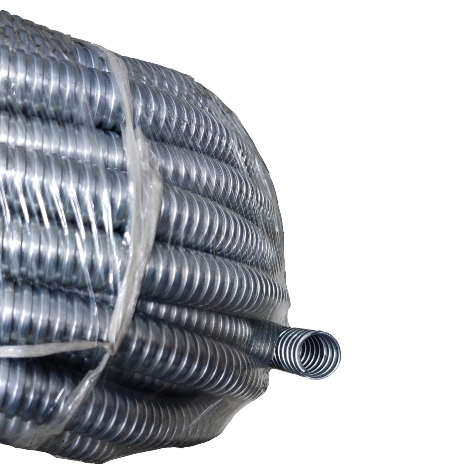 Coiled metal pipe on a white background