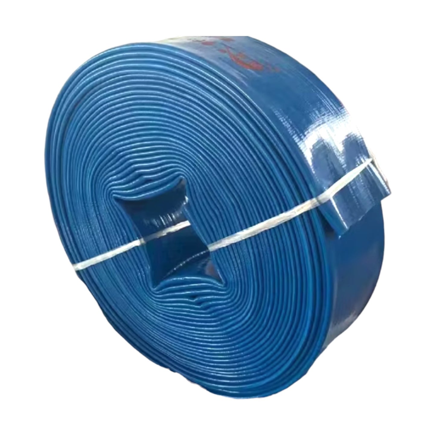 A coiled blue industrial hose or belt-like flexible material secured with a white strap, shown on a plain white background.