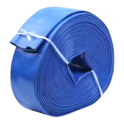 A large roll of blue fire hydrant hose secured with a white tie string, shown against a plain white background.