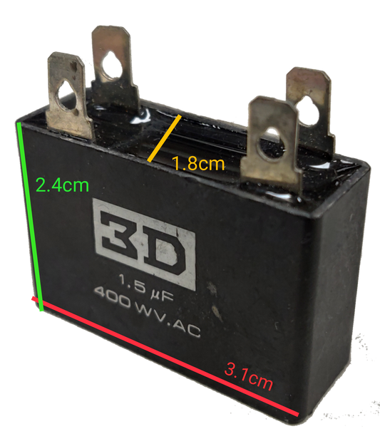 3D Motor Capacitor 400V AC with dimensions of 2.4cm x 3.1cm, ideal for electrical circuitry projects